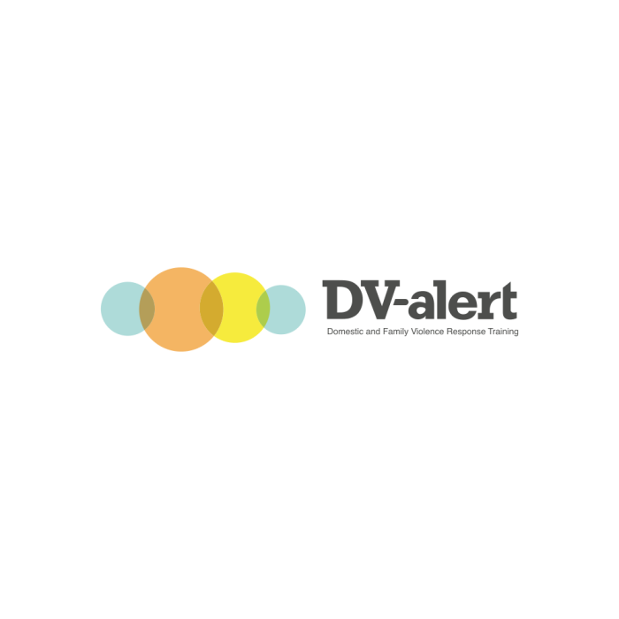 The logo for DV-alert, showing several translucent overlapping circles. Below the name "DV-alert" reads smaller text "Domestic and Family Violence Response Training