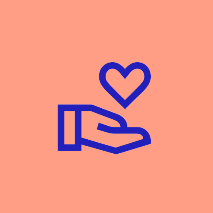 A blue icon of an outstretched hand, with a heart floating above it, symbolising an act of giving.